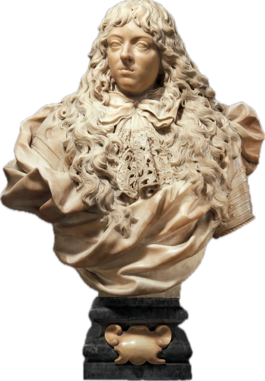 Busto de mármol de Ferdinando de' Medici con peluca de rizos y armadura.